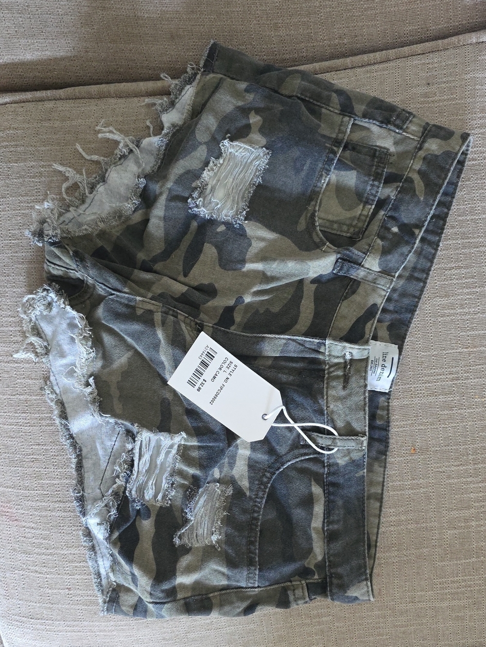 Distressed Camo Denim Shorts